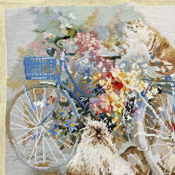 Vintage Needlepoint Canvas Completed Cats And Bicycles Handmade Art 22" x 28" - Picture 5 of 8